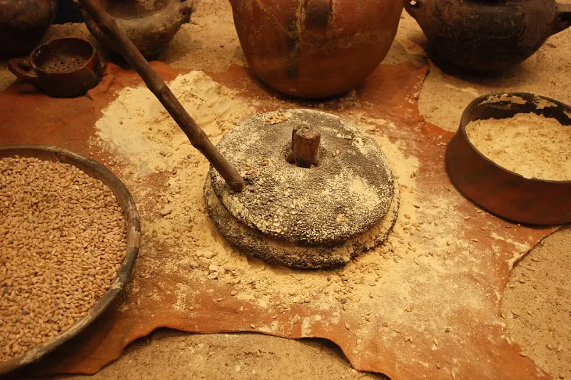 Moliendo gofio en un molino de piedra manual