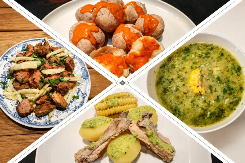 Collage de cuatro recetas canarias. Papas arrugadas con mojo, potaje de berros, costillas con papas y piñas y carne fiesta.