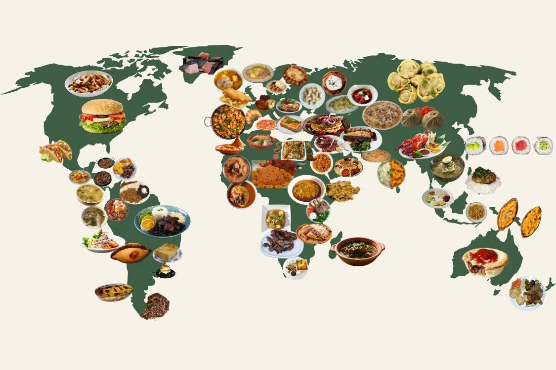 Infografía sobre la gastronomía con los platos más destacados de muchos países sobre el mapa del mundo.