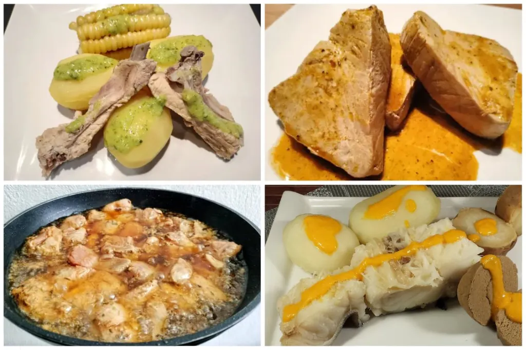 Collage de cuatro platos principales canarios: costillas con papas y piñas, atún en mojo hervido, carne en adobo frita y sancocho canario