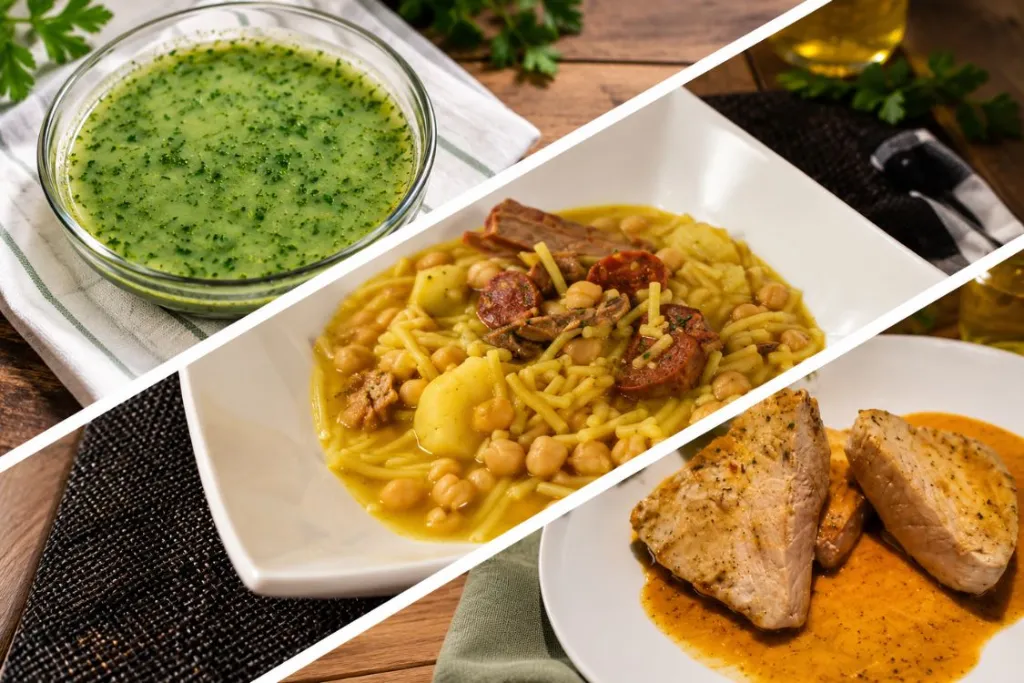 Collage de recetas canarias: mojo verde, rancho canario y atún en adobo.