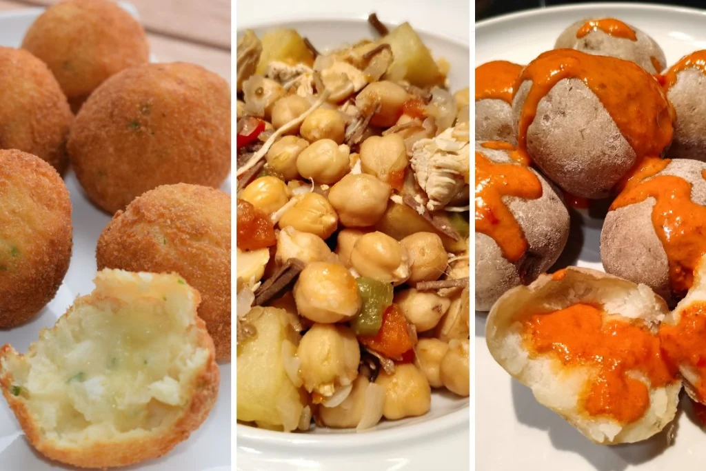 Tres enyesques canarios: Croquetas de cherne, ropa vieja y papas arrugadas con mojo rojo