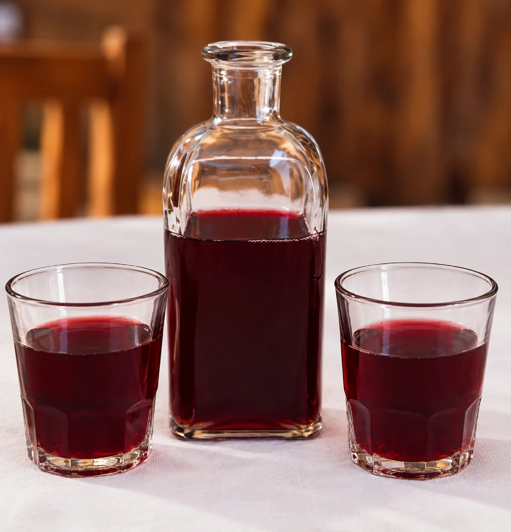 Bebidas canarias: una cuarta de vino tinto y dos vasos típicos de canarias